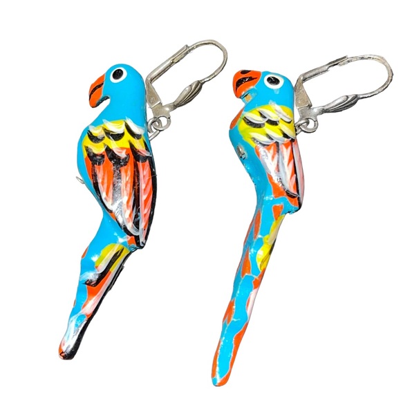 Vintage Wooden Parrot Dangle Earrings 80s Jewelry Tropical Beach Multi Color 2” - Picture 2 of 4